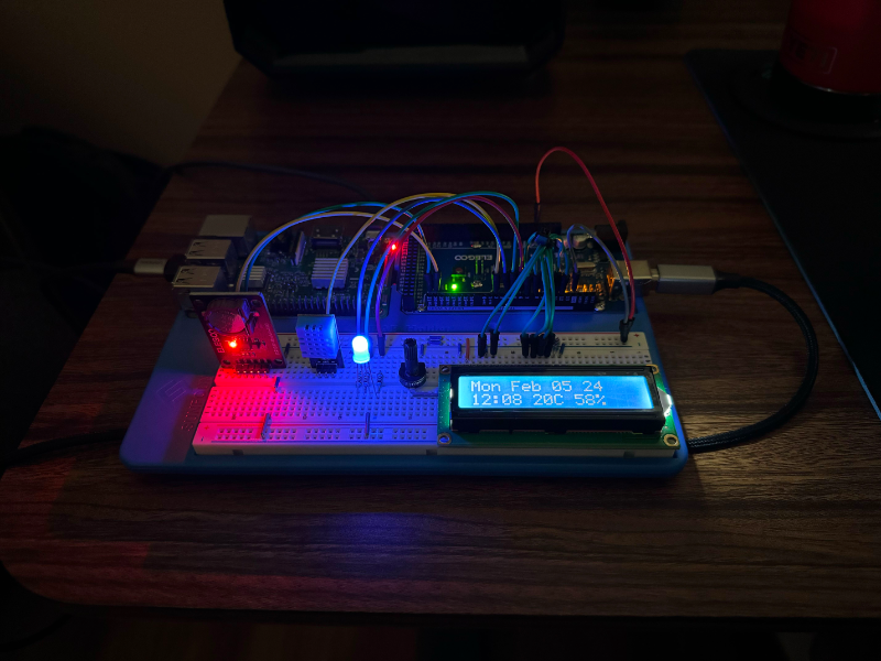 CloudVane circuit on a breadboard, with colorful wiring, glowing LEDs, and an LCD showing the date, time, temperature, and humidity.