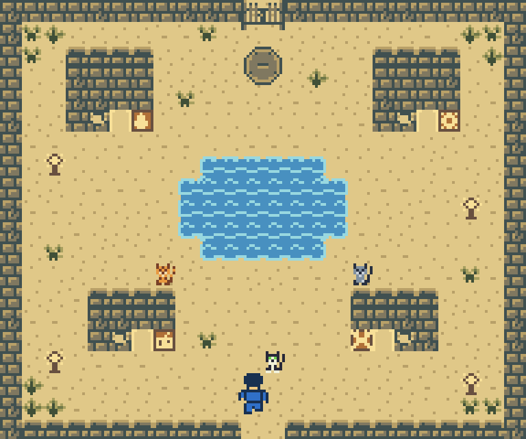 Pixel art of the restored Settlement 2X86 settlement, with stone huts, a blue water basin, and wandering cats.